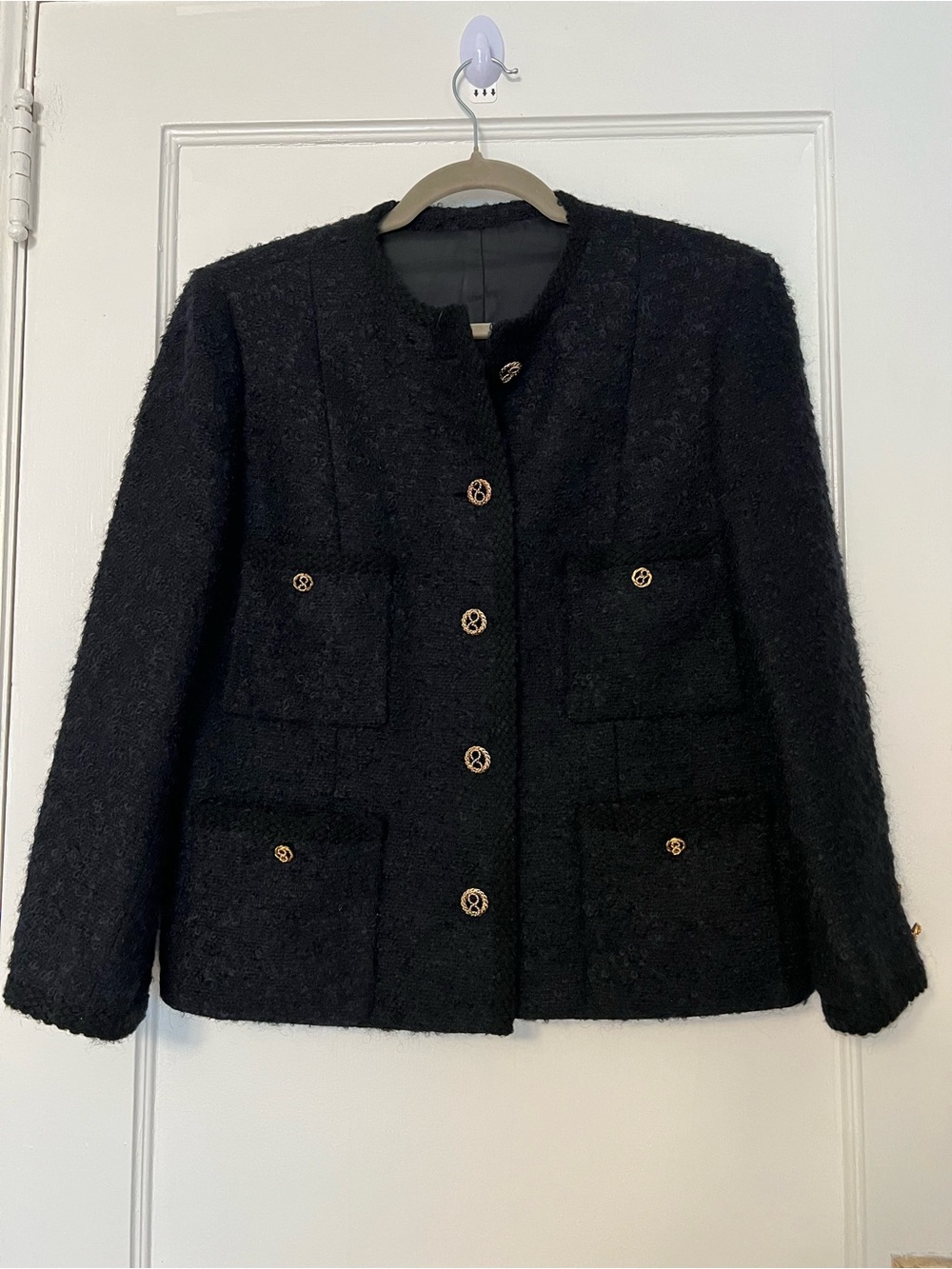 Black Bouclé Jacket Gold Chain Buttons Collarless Lady Jacket - Picture 2 of 8